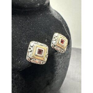 Sterling Silver & Gold-Tone Square Clip-On Earrings W/ Red Brown Stones Marked 9